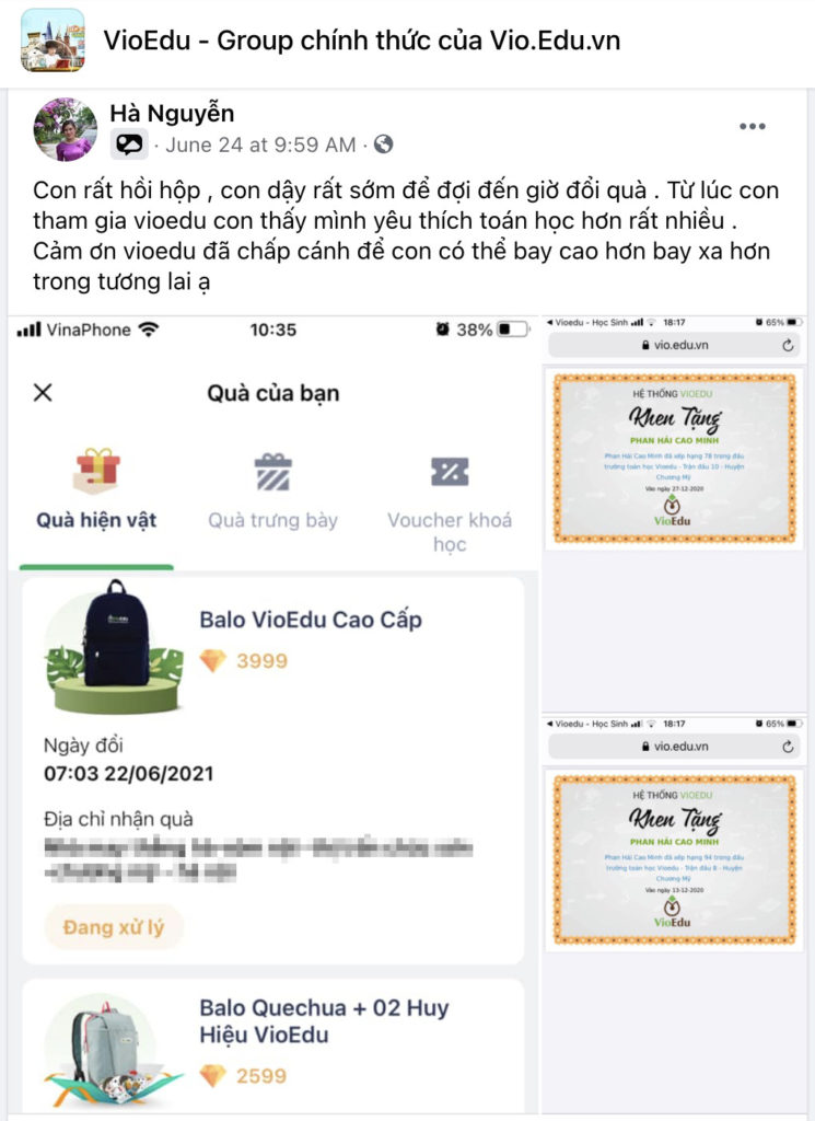 phản hồi của phụ huynh về tiến bộ của con khi học vioedu